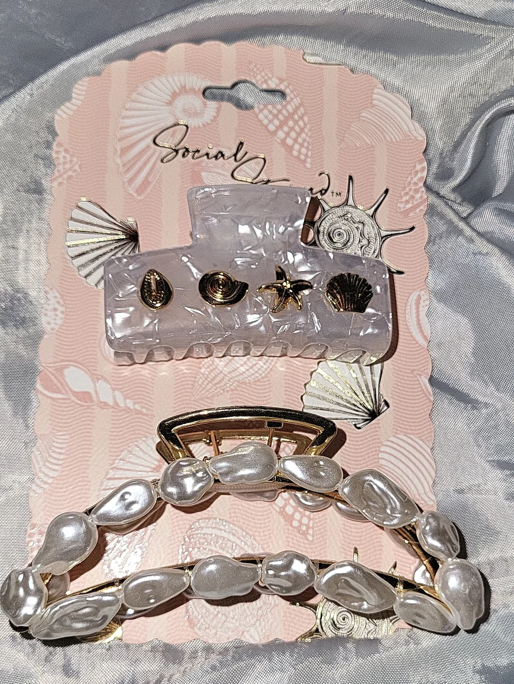 Social Strands Pearl and Shell Hair Clip Set - White Pearlescent Ls